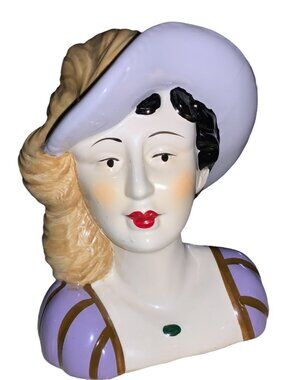 Ceramic Dark Haired Lady Head Bust Lavender Hat With Yellow Plume